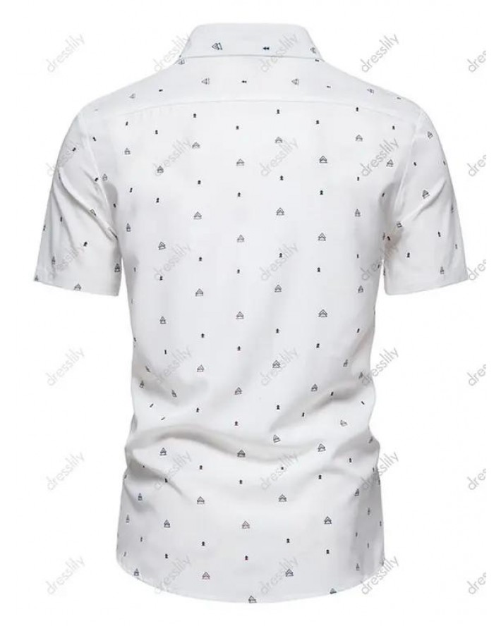 Summer Shirt Geometric Print Short Sleeve Turn Down Collar Button Up Pockets Casual Shirt