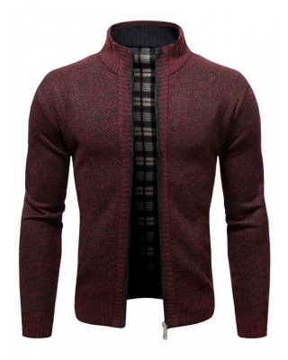 Fleece Lining Knit Jacket Zip Up Casual Stand Up Warm Knitted Jacket