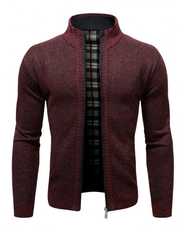 Fleece Lining Knit Jacket Zip Up Casual Stand Up Warm Knitted Jacket
