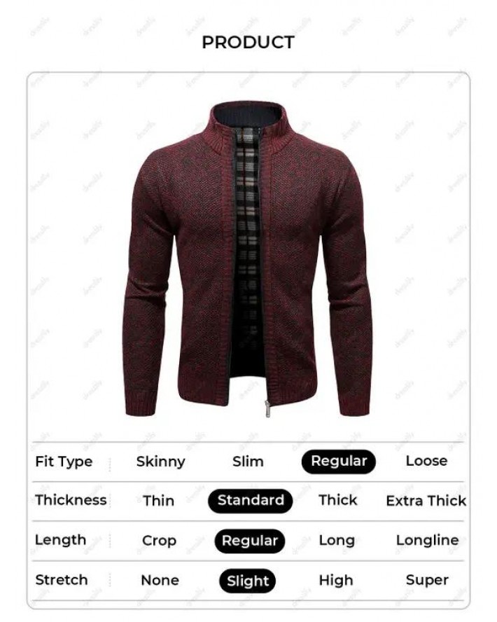 Fleece Lining Knit Jacket Zip Up Casual Stand Up Warm Knitted Jacket