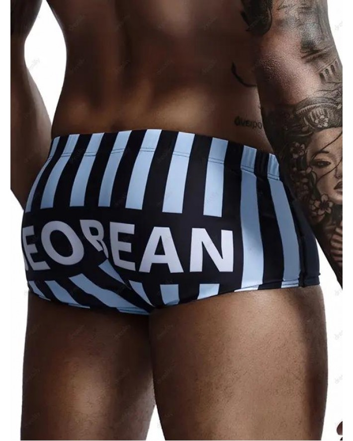 Beach Swimming Trunks 3D Print Letter Striped Print Elastic Waist Swimming Bottom
