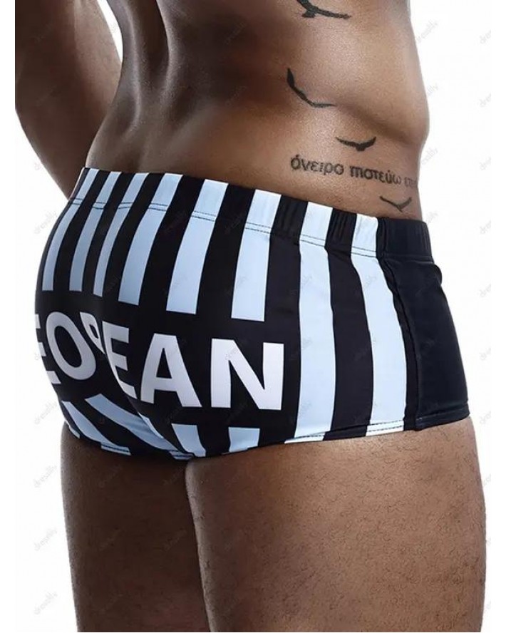 Beach Swimming Trunks 3D Print Letter Striped Print Elastic Waist Swimming Bottom