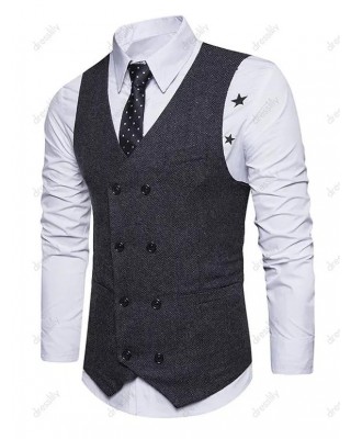 Tweed Print Waistcoat Double Breasted Pockets Vintage Suit Vest