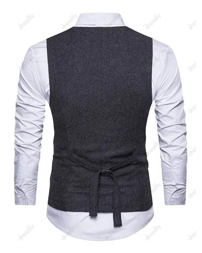 Tweed Print Waistcoat Double Breasted Pockets Vintage Suit Vest