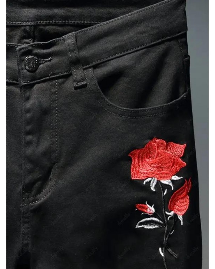 Flower Embroidery Distressed Ripped Jeans