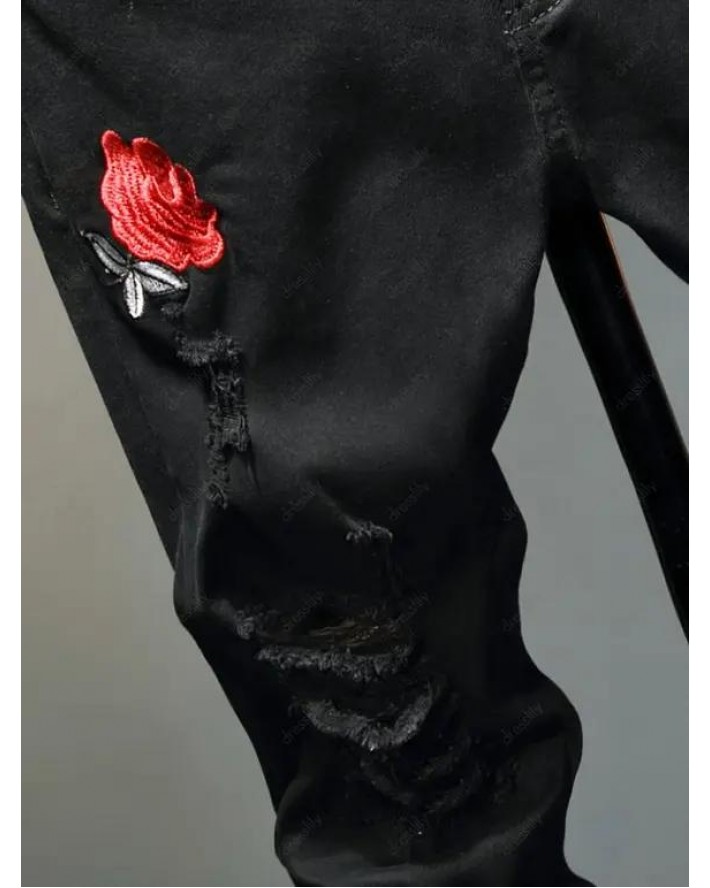 Flower Embroidery Distressed Ripped Jeans