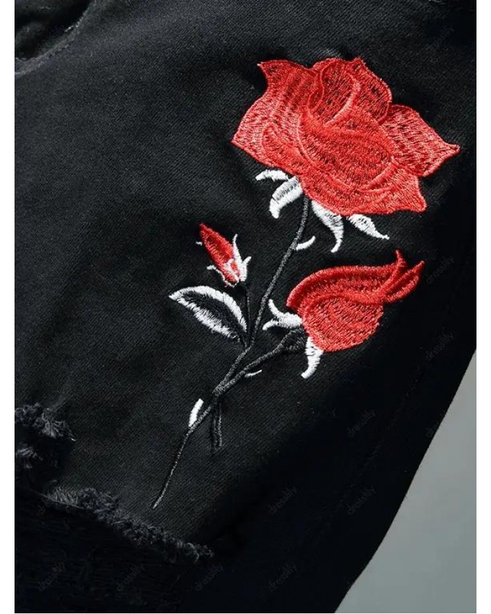 Flower Embroidery Distressed Ripped Jeans