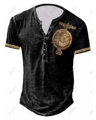 Vintage T Shirt Eagle Badge Print Half Button Short Sleeve Round Neck Casual Summer Tee