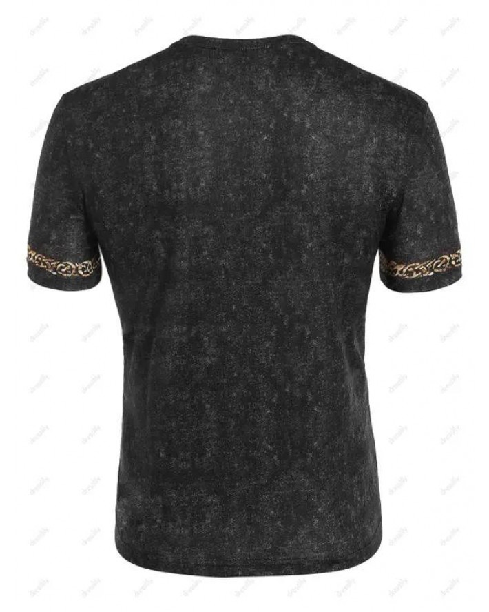 Vintage T Shirt Eagle Badge Print Half Button Short Sleeve Round Neck Casual Summer Tee