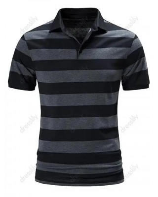 Casual T Shirt Striped Print Colorblock Turn Down Collar Short Sleeve Half Button Summer Tee