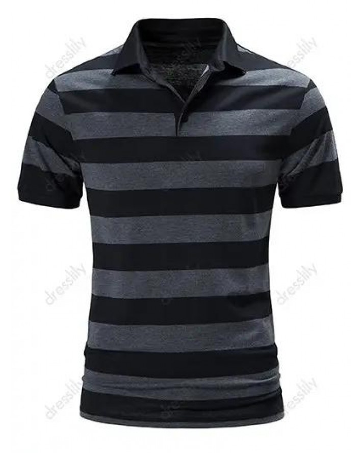 Casual T Shirt Striped Print Colorblock Turn Down Collar Short Sleeve Half Button Summer Tee