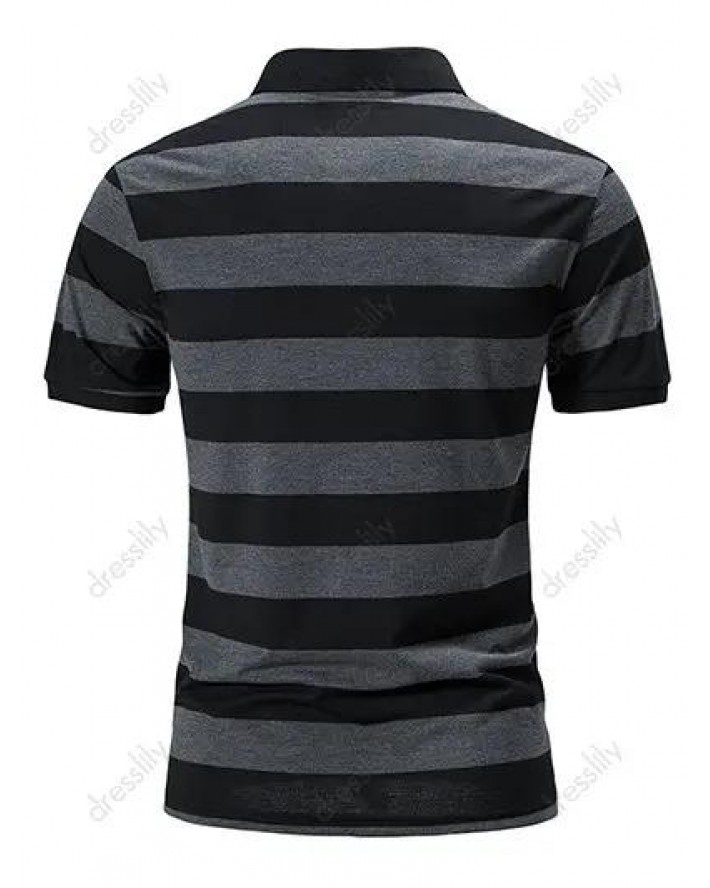 Casual T Shirt Striped Print Colorblock Turn Down Collar Short Sleeve Half Button Summer Tee