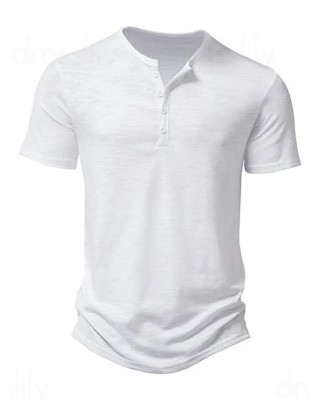 Basic T Shirt Half Button Round Neck Short Sleeve Plain Color Tee