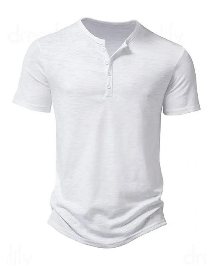 Basic T Shirt Half Button Round Neck Short Sleeve Plain Color Tee