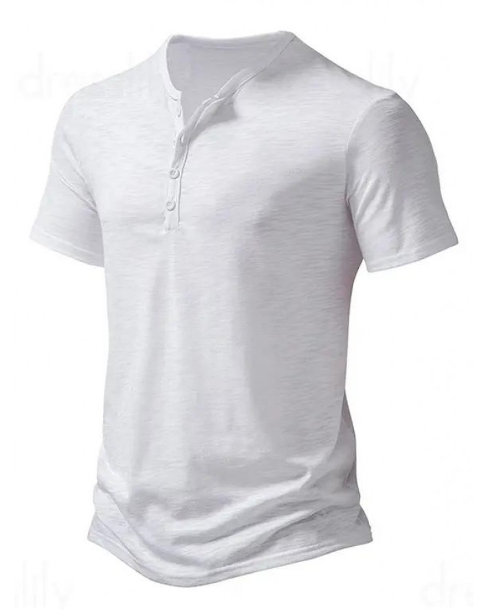 Basic T Shirt Half Button Round Neck Short Sleeve Plain Color Tee