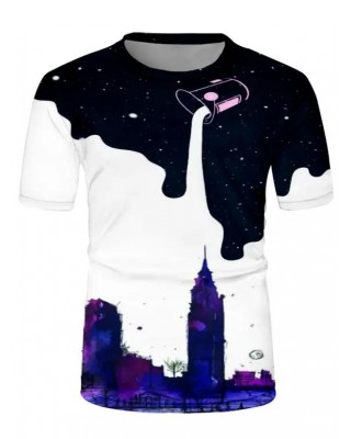 Galaxy Pulling Milk Graphic Print T Shirt Short Sleeve Round Neck Casual Tee