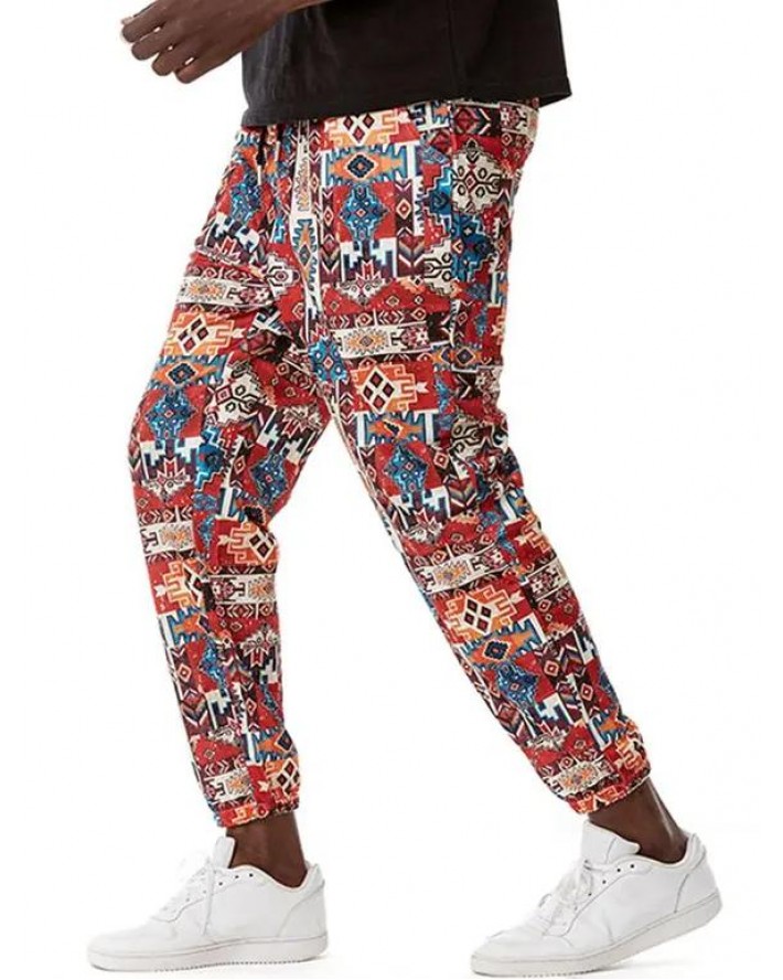 Bohemian Long Pants Geometric Print Elastic Waist Pockets Beam Feet Pants