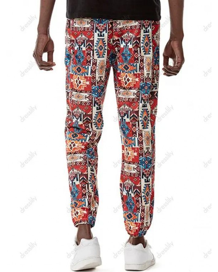 Bohemian Long Pants Geometric Print Elastic Waist Pockets Beam Feet Pants
