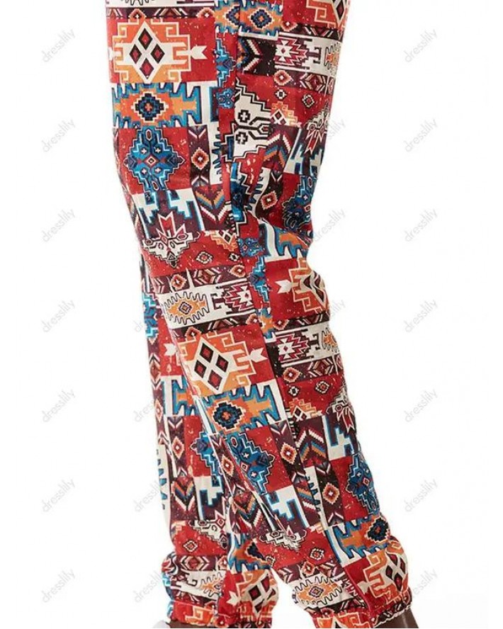Bohemian Long Pants Geometric Print Elastic Waist Pockets Beam Feet Pants