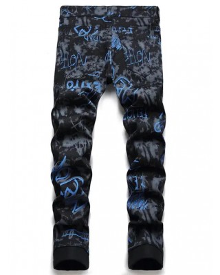 Letter Print Jeans Zipper Fly Jeans Pockets Casual Denim Pants