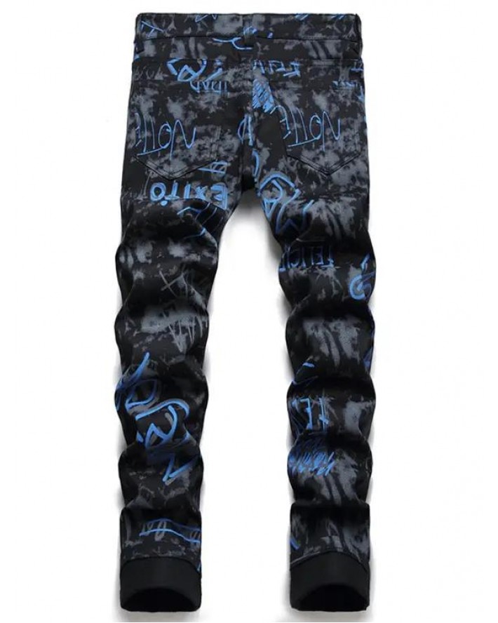 Letter Print Jeans Zipper Fly Jeans Pockets Casual Denim Pants