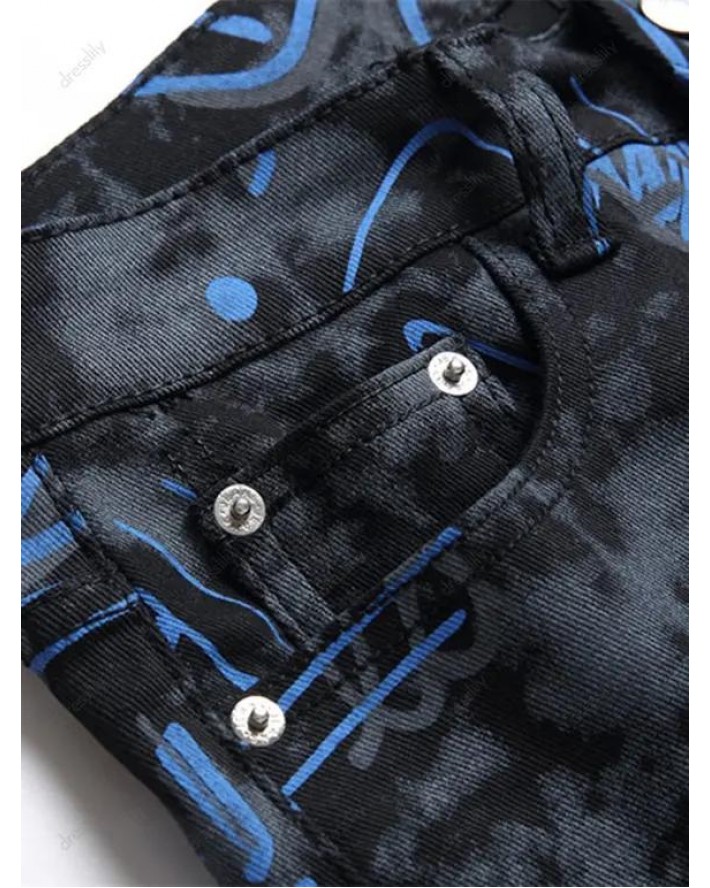 Letter Print Jeans Zipper Fly Jeans Pockets Casual Denim Pants