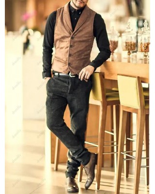 Suede Vest Solid Color Waistcoat Mock Pocket Adjustable Strap Single Breasted Waistcoat