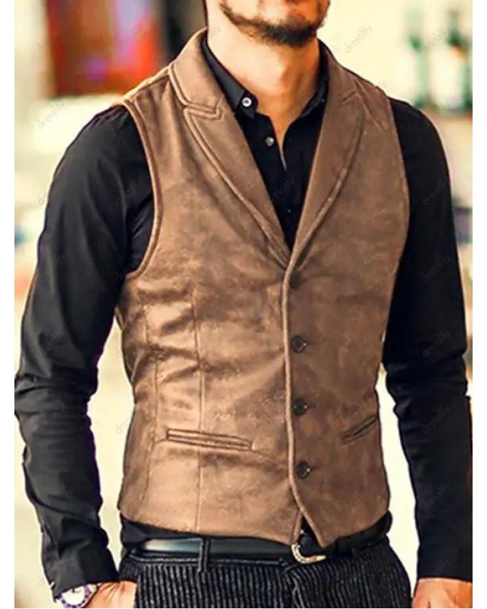 Suede Vest Solid Color Waistcoat Mock Pocket Adjustable Strap Single Breasted Waistcoat