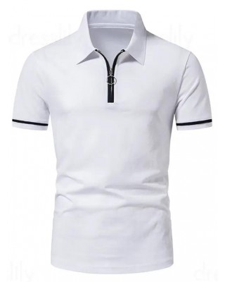 Half Zipper T Shirt Contrast Color Turn Down Collar Short Sleeve Casual Tee
