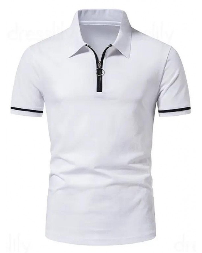 Half Zipper T Shirt Contrast Color Turn Down Collar Short Sleeve Casual Tee