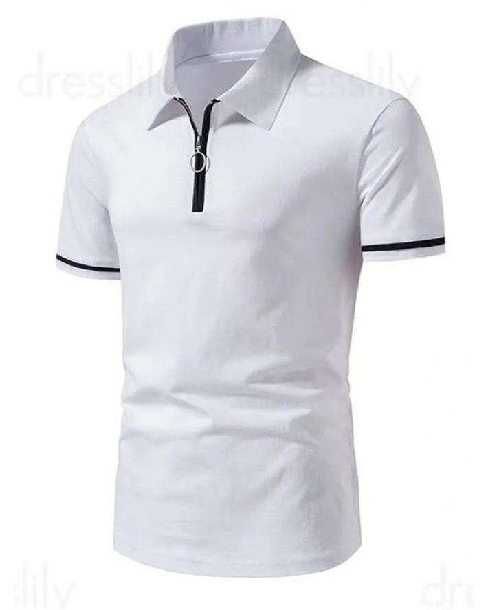 Half Zipper T Shirt Contrast Color Turn Down Collar Short Sleeve Casual Tee