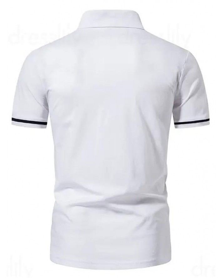 Half Zipper T Shirt Contrast Color Turn Down Collar Short Sleeve Casual Tee