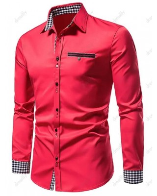 Formal Shirt Mock Pocket Button Plaid Insert Turn Down Collar Long Sleeves Button-up Shirt