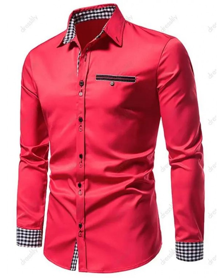Formal Shirt Mock Pocket Button Plaid Insert Turn Down Collar Long Sleeves Button-up Shirt