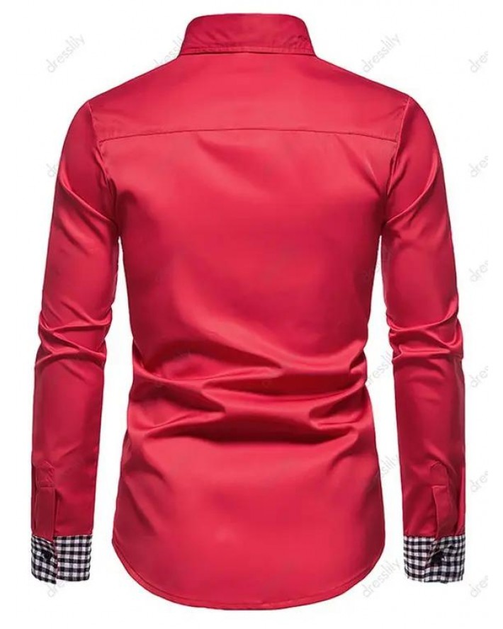 Formal Shirt Mock Pocket Button Plaid Insert Turn Down Collar Long Sleeves Button-up Shirt