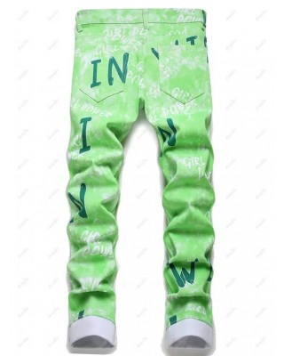 Letter Print Jeans Tie Dye Zipper Fly Pockets Straight Leg Denim Pants