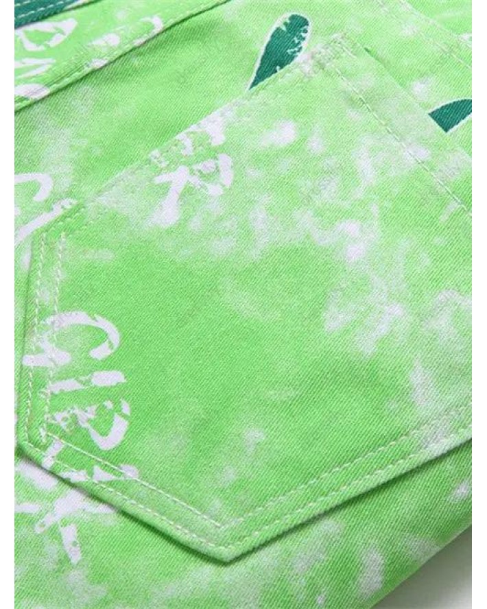Letter Print Jeans Tie Dye Zipper Fly Pockets Straight Leg Denim Pants