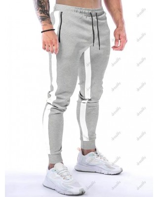 Contrast Colorblock Sweatpants Drawstring Zipper Pockets Beam Feet Long Casual Sports Jogger Pants