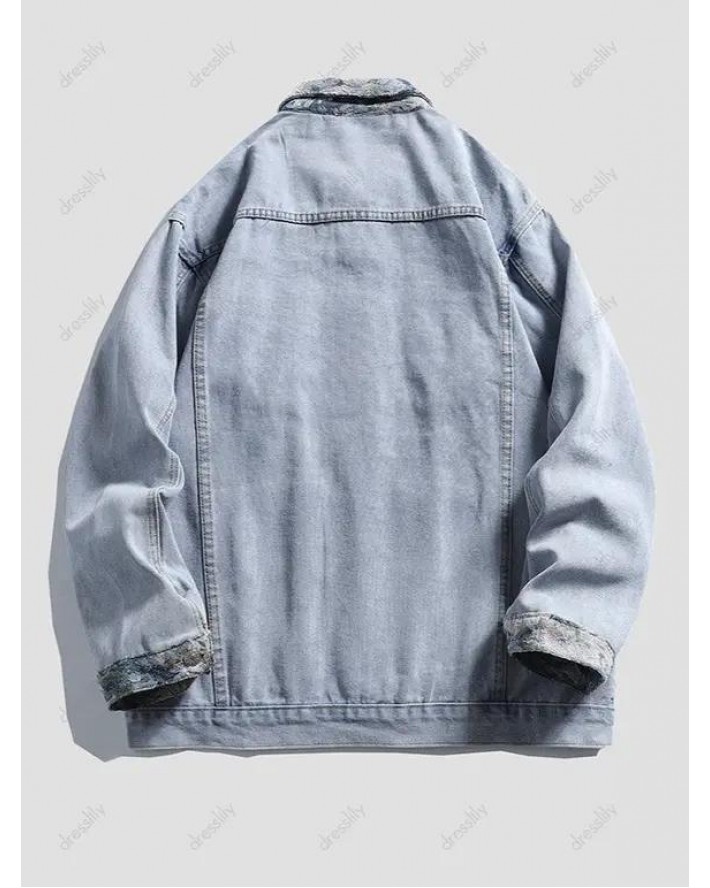 Flower Patches Denim Jacket Button Up Turndowm Collar Casual Jean Jacket