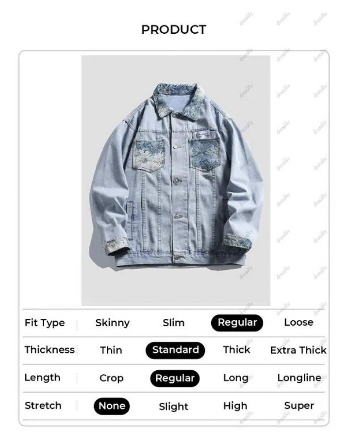 Flower Patches Denim Jacket Button Up Turndowm Collar Casual Jean Jacket