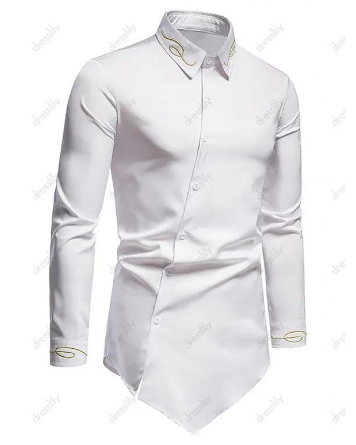 Metallic Thread Embroidered Button Up Asymmetrical Shirt