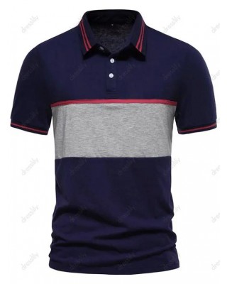 Contrast Colorblock T Shirt Striped Print Half Button Turn Down Collar Short Sleeve Summer Casual Tee