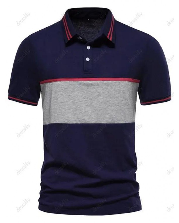 Contrast Colorblock T Shirt Striped Print Half Button Turn Down Collar Short Sleeve Summer Casual Tee