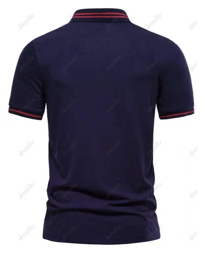 Contrast Colorblock T Shirt Striped Print Half Button Turn Down Collar Short Sleeve Summer Casual Tee