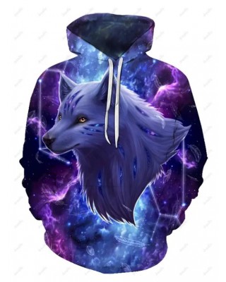 Galaxy Wolf Pattern Hoodie Drawstring Long Sleeve Kangaroo Pocket Sweatshirt With Hood