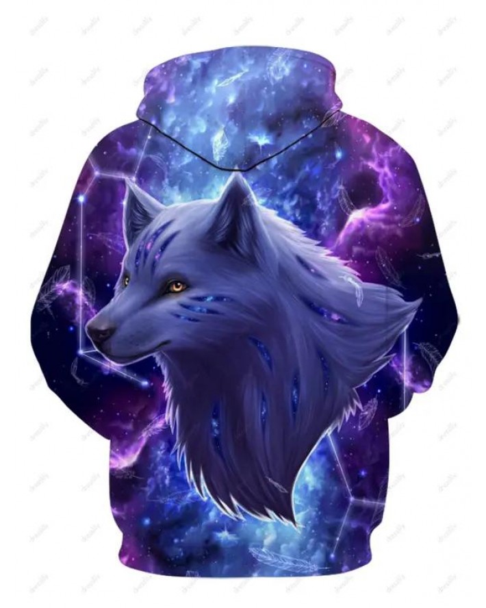 Galaxy Wolf Pattern Hoodie Drawstring Long Sleeve Kangaroo Pocket Sweatshirt With Hood