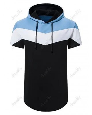 Casual T Shirt Hooded Colorblock Drawstrings Short Sleeve Trendy Summer Tee