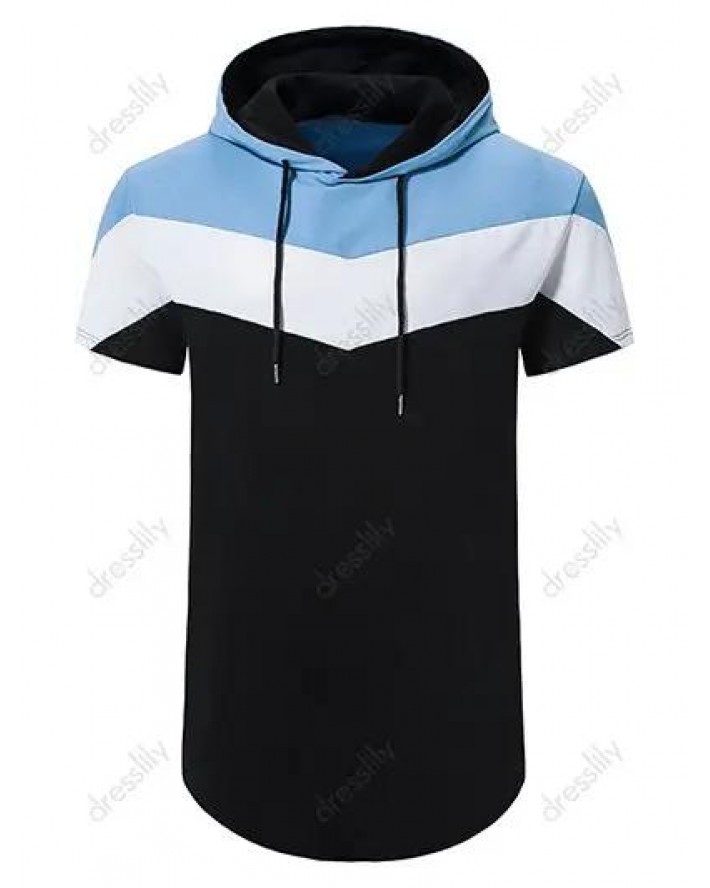 Casual T Shirt Hooded Colorblock Drawstrings Short Sleeve Trendy Summer Tee