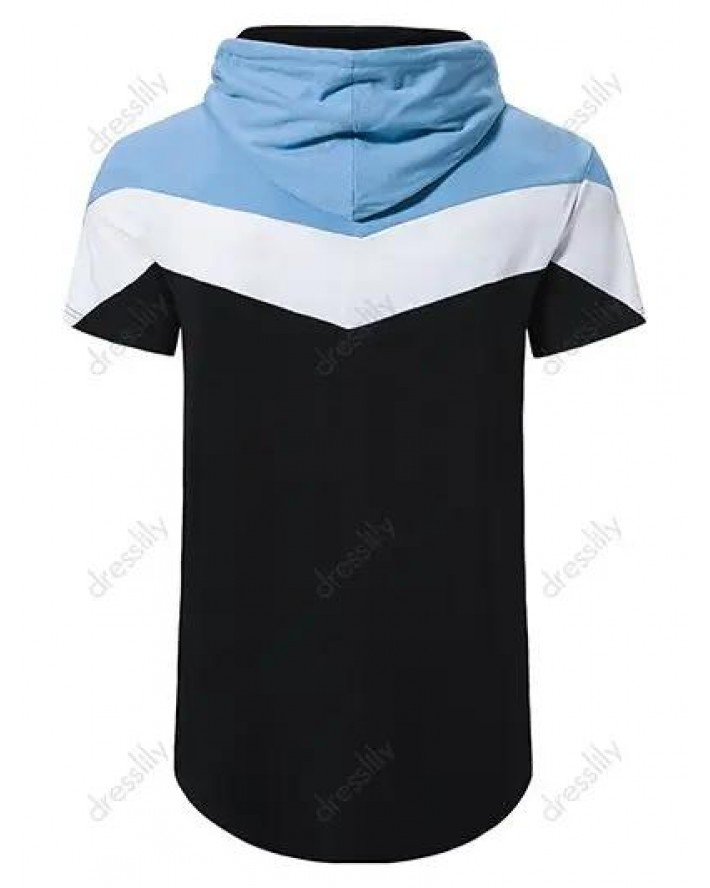 Casual T Shirt Hooded Colorblock Drawstrings Short Sleeve Trendy Summer Tee