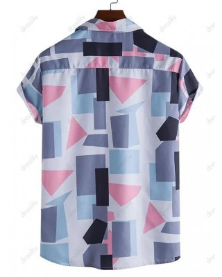Casual Shirt Geometric Print Front Pocket Notched Collar Short Sleeve Summer Button-up Shirt